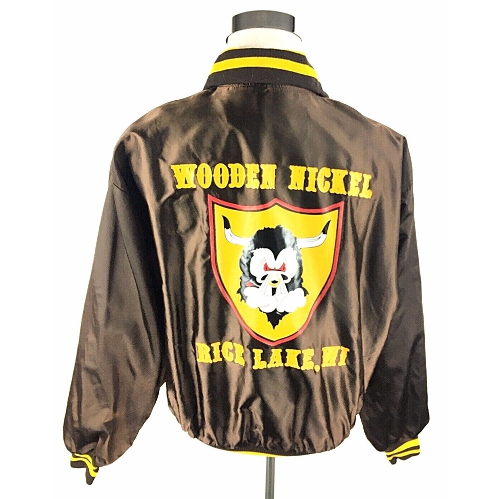 DeLong‎ Sportswear Vtg Satin 80s Jacket XL Brown WI Tavern Bar Bull Logo